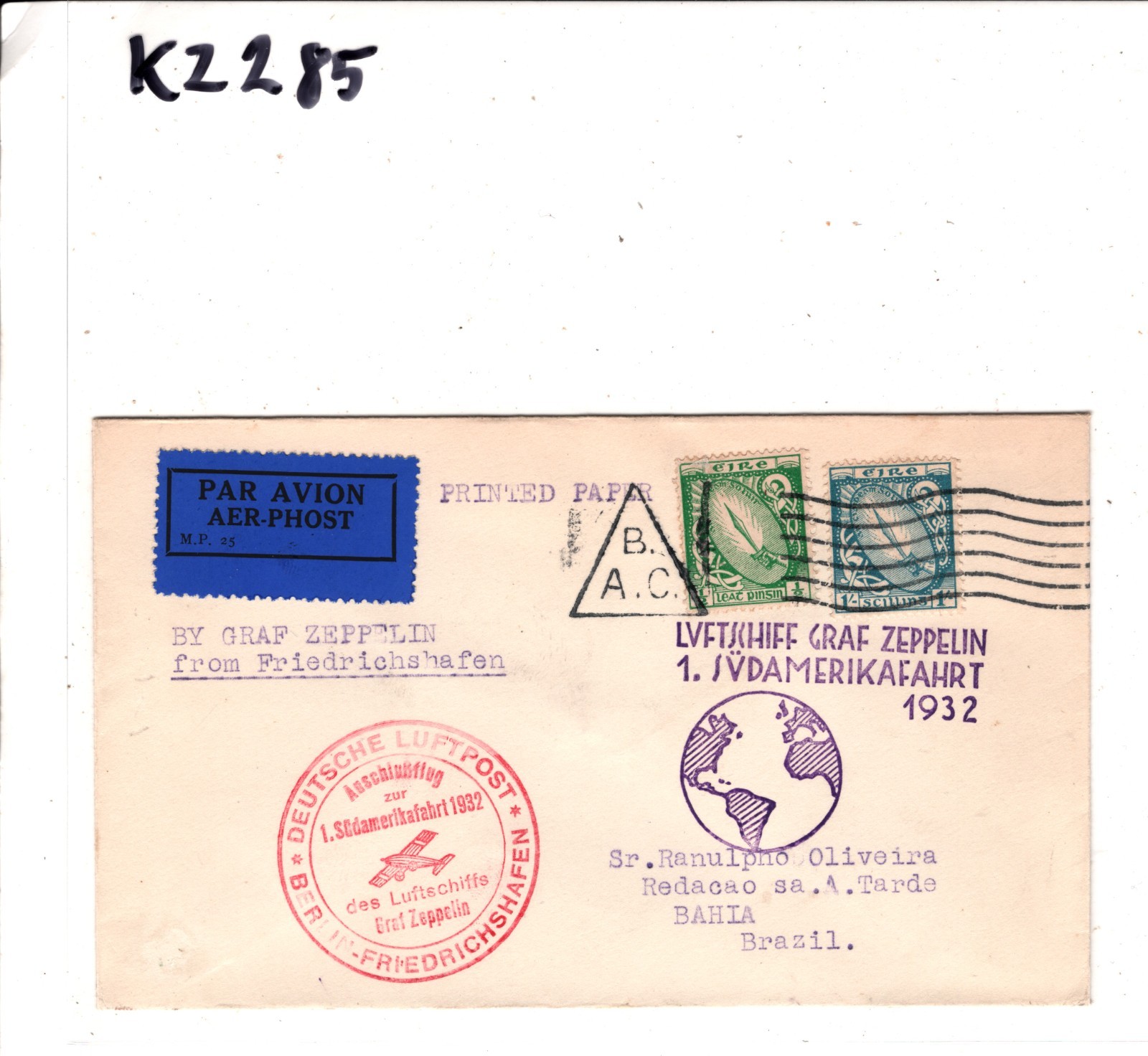 GRAF ZEPPELIN Cover *EIRE* Ireland Air Mail 1.SÜDAMERIKAFAHRT 1932 Brazil KZ285 - Image 7