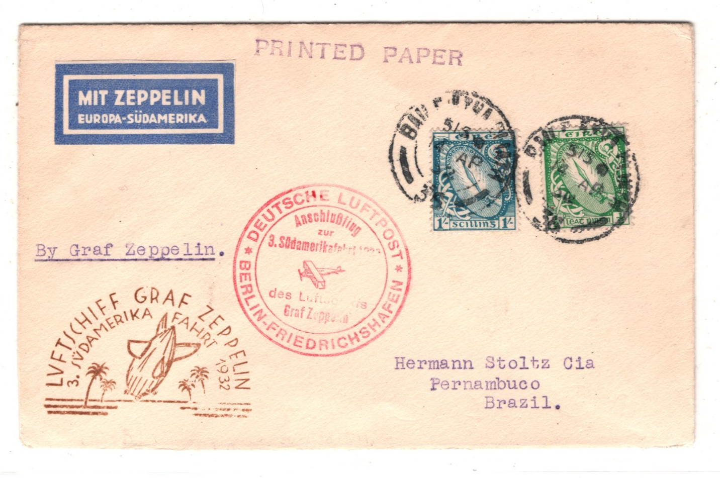 GRAF ZEPPELIN Cover *EIRE* Ireland Air Mail 3.SÜDAMERIKAFAHRT 1932 Brazil KZ291 - Image 2