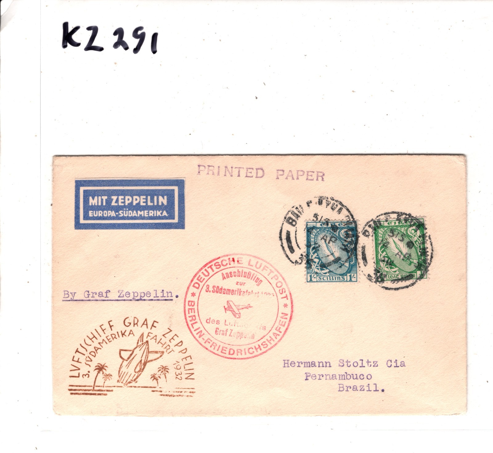 GRAF ZEPPELIN Cover *EIRE* Ireland Air Mail 3.SÜDAMERIKAFAHRT 1932 Brazil KZ291 - Image 7