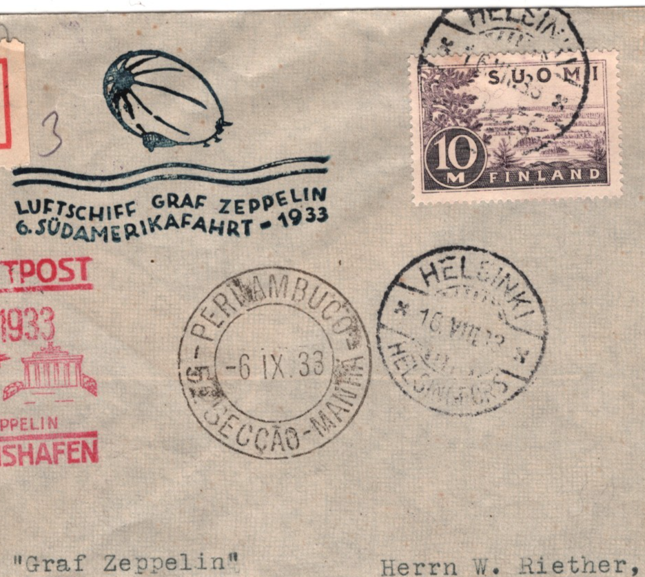 GRAF ZEPPELIN Cover *FINLAND* 10m Air SÜDAMERIKAFAHRT 1933 BRAZIL Recife KZ257 - Image 3