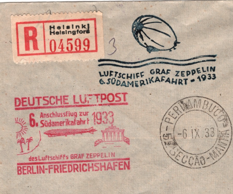 GRAF ZEPPELIN Cover *FINLAND* 10m Air SÜDAMERIKAFAHRT 1933 BRAZIL Recife KZ257 - Image 4