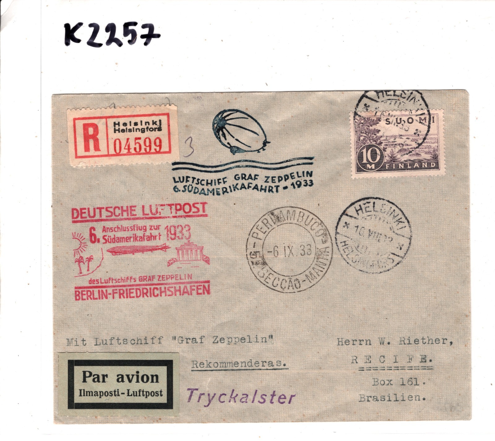 GRAF ZEPPELIN Cover *FINLAND* 10m Air SÜDAMERIKAFAHRT 1933 BRAZIL Recife KZ257 - Image 5