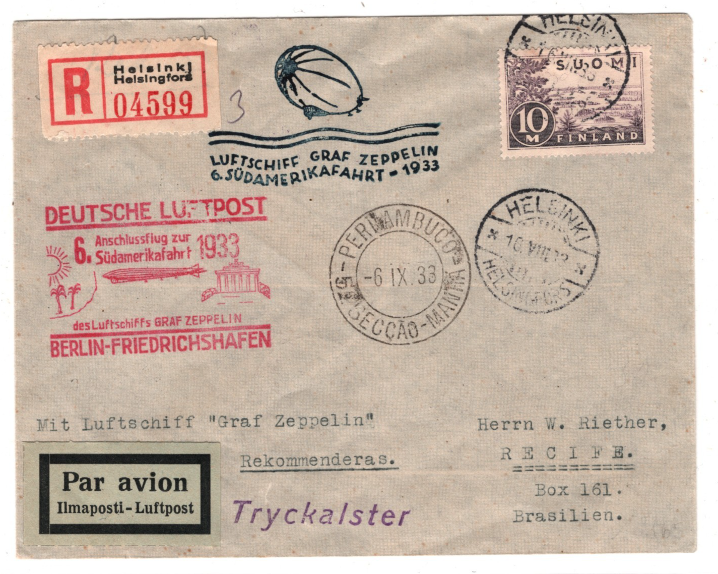 GRAF ZEPPELIN Cover *FINLAND* 10m Air SÜDAMERIKAFAHRT 1933 BRAZIL Recife KZ257