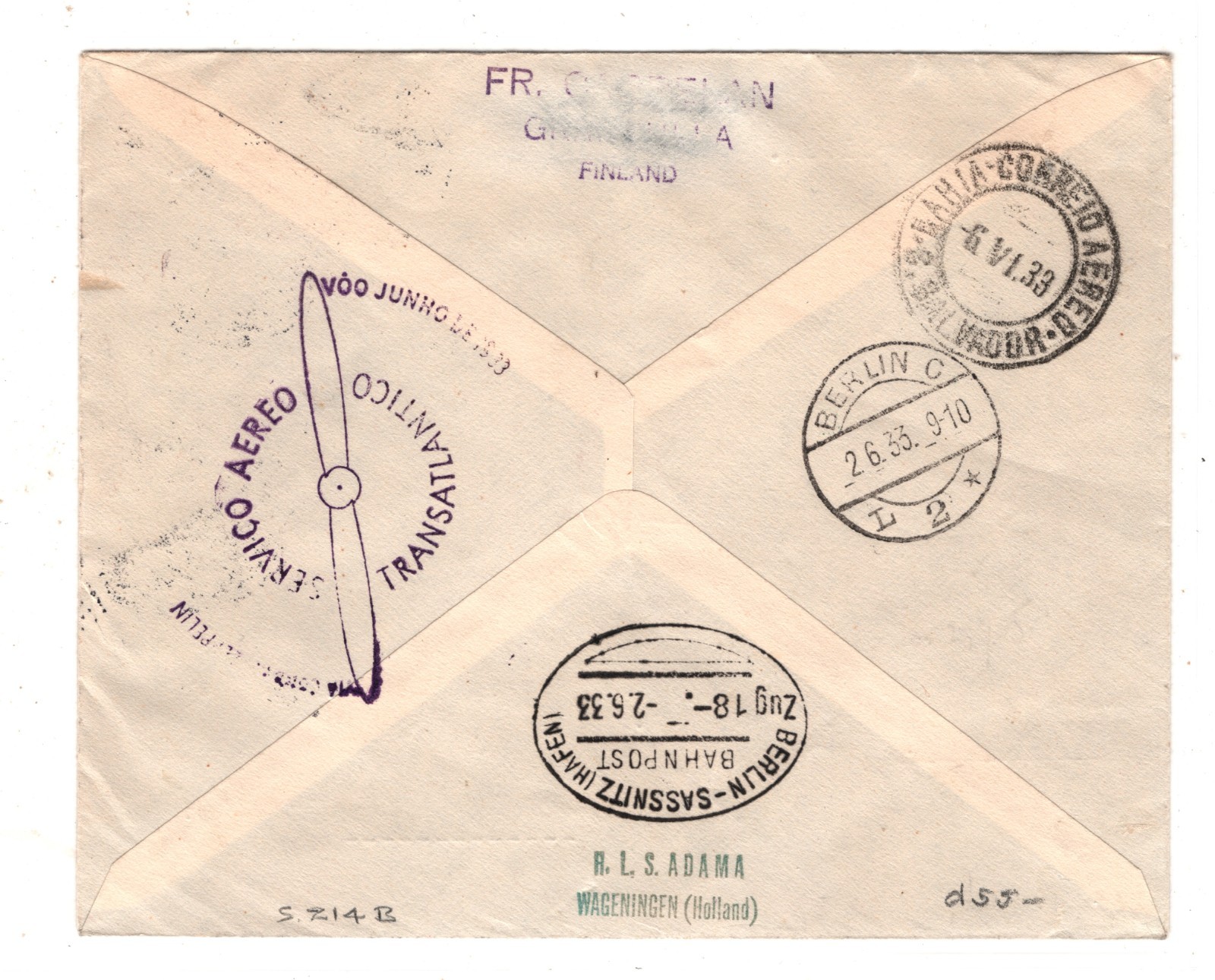 GRAF ZEPPELIN Cover *FINLAND* 10m Air SÜDAMERIKAFAHRT Cachets 1933 Brazil KZ258 - Image 2