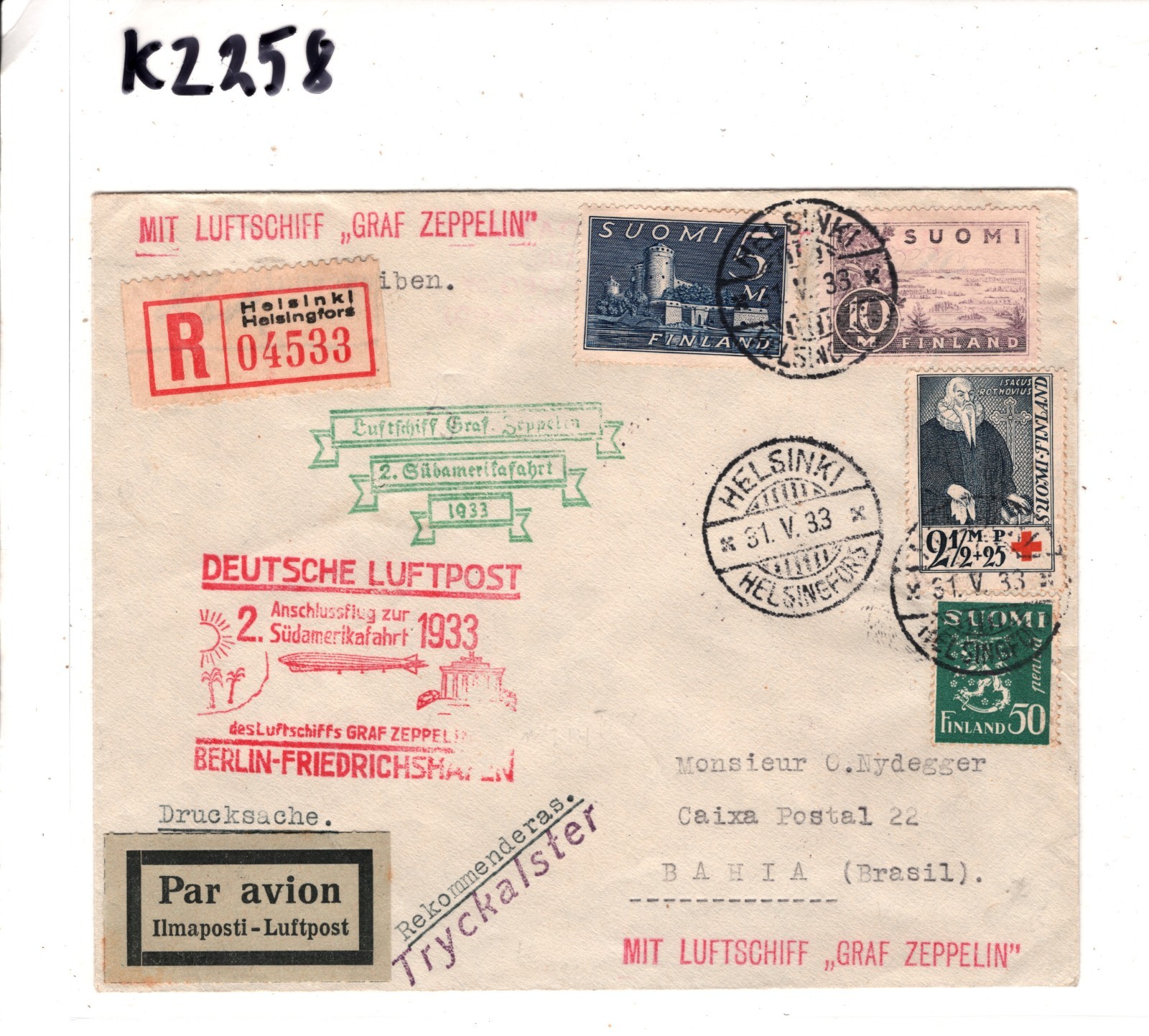 GRAF ZEPPELIN Cover *FINLAND* 10m Air SÜDAMERIKAFAHRT Cachets 1933 Brazil KZ258 - Image 5