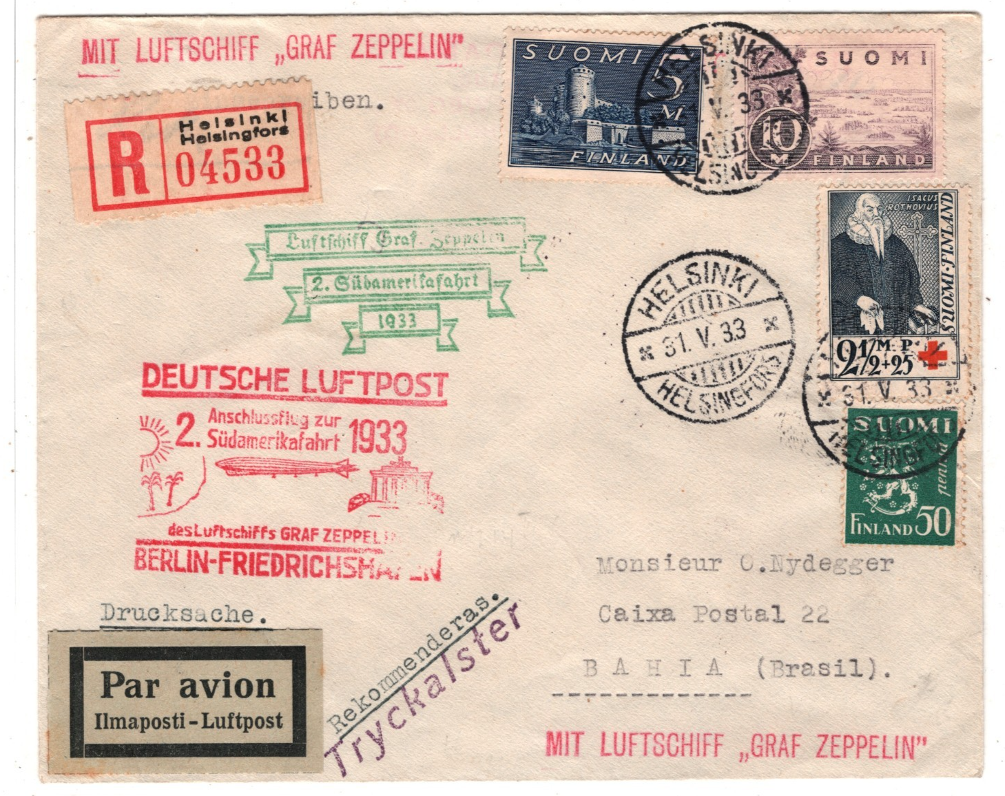 GRAF ZEPPELIN Cover *FINLAND* 10m Air SÜDAMERIKAFAHRT Cachets 1933 Brazil KZ258