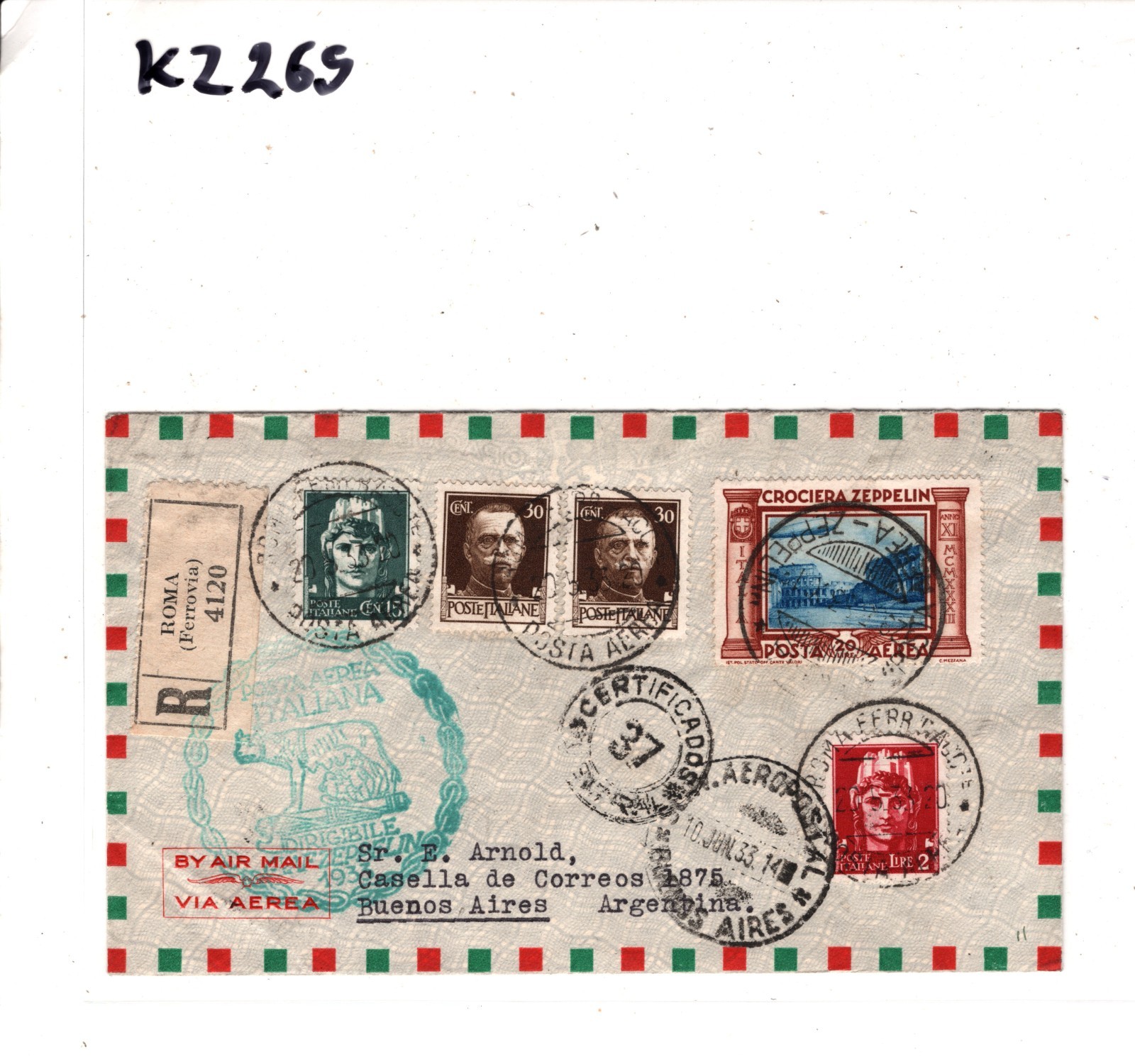 GRAF ZEPPELIN Cover ITALY Air Mail 20L 1933 ARGENTINA Scott.C47 Cat $2,000 KZ269 - Image 11