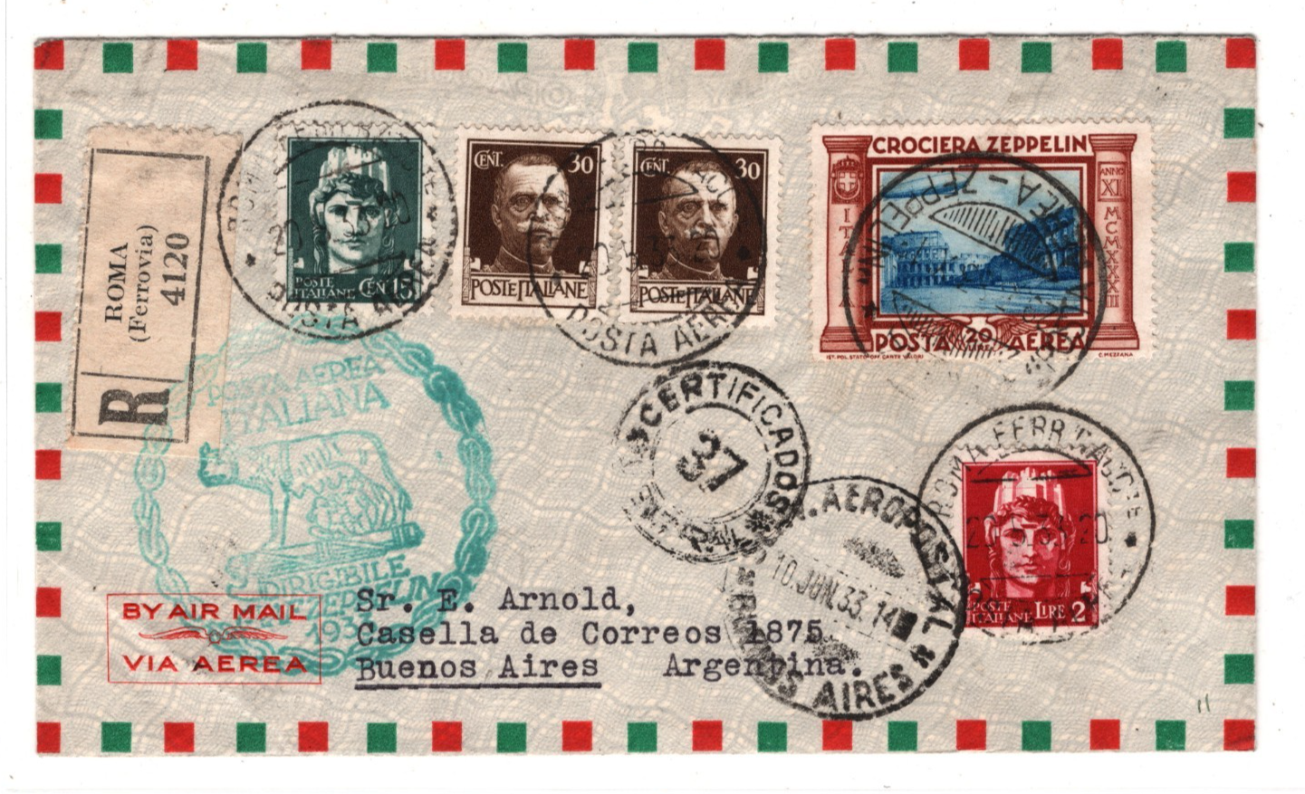 GRAF ZEPPELIN Cover ITALY Air Mail 20L 1933 ARGENTINA Scott.C47 Cat $2,000 KZ269 - Image 3