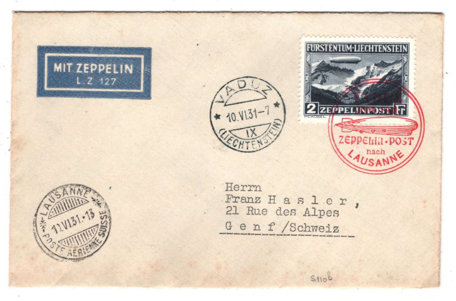 GRAF ZEPPELIN Cover *LIECHTENSTEIN* 2Fr Air Mail Stamp Vaduz 1931 Geneva KZ418 - Image 3