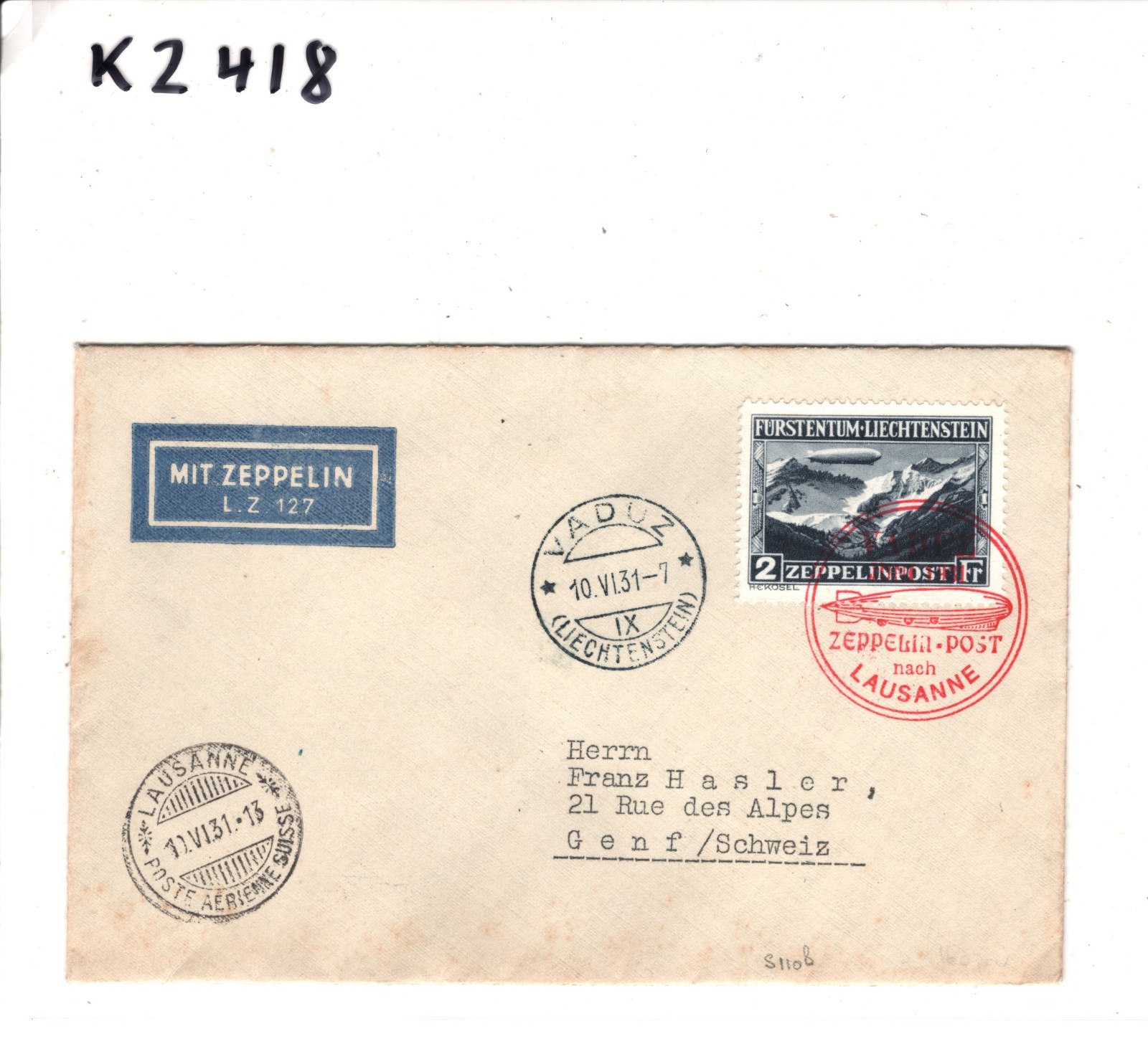 GRAF ZEPPELIN Cover *LIECHTENSTEIN* 2Fr Air Mail Stamp Vaduz 1931 Geneva KZ418 - Image 5