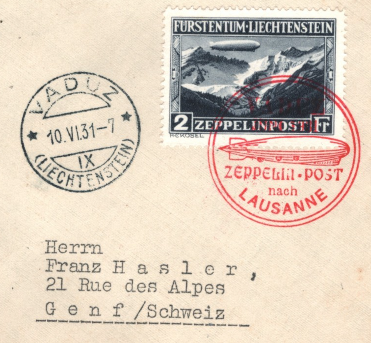 GRAF ZEPPELIN Cover *LIECHTENSTEIN* 2Fr Air Mail Stamp Vaduz 1931 Geneva KZ418