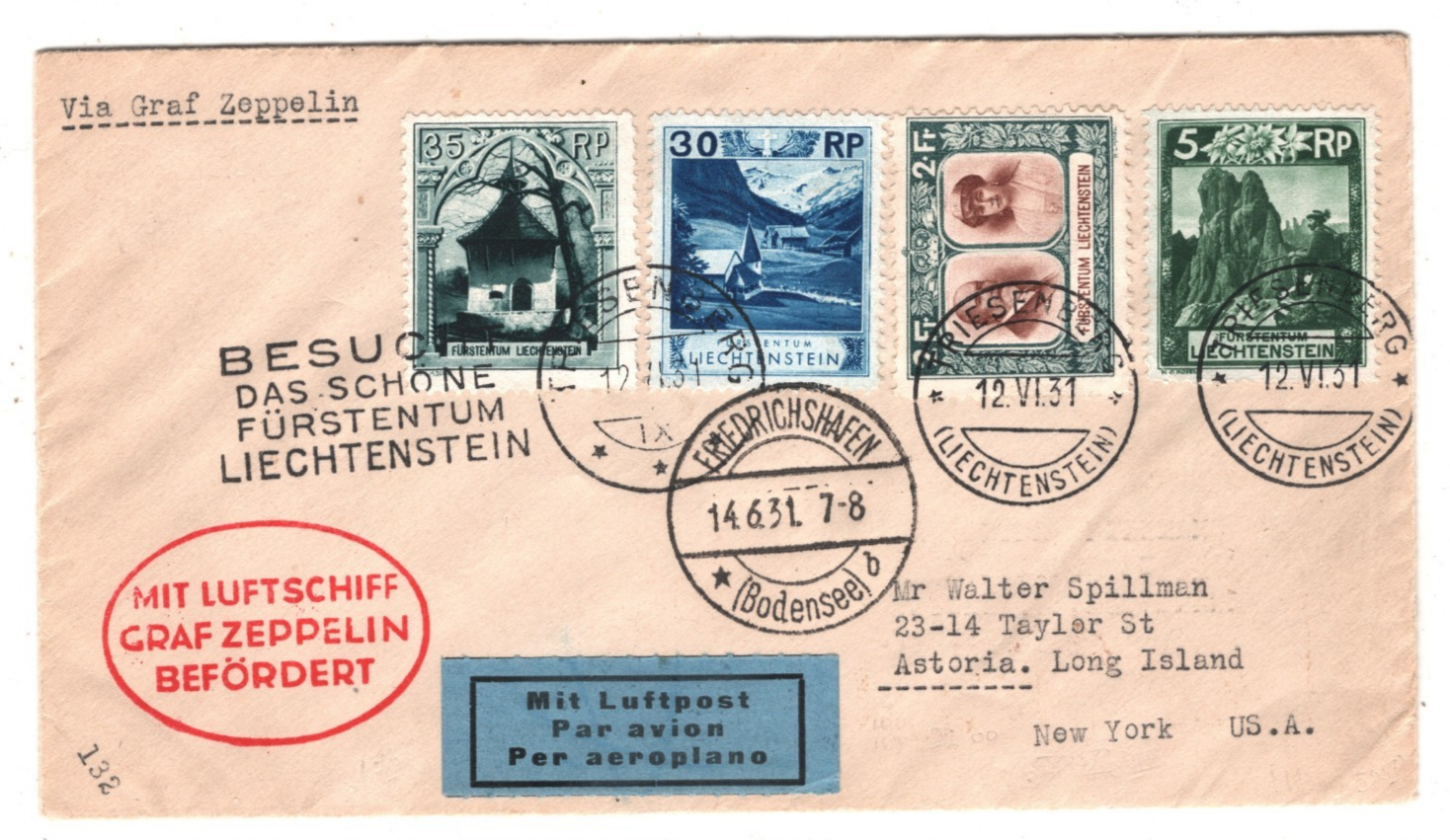 GRAF ZEPPELIN Cover *LIECHTENSTEIN* Treaty Air Mail Triesenberg 1931 USA KZ417