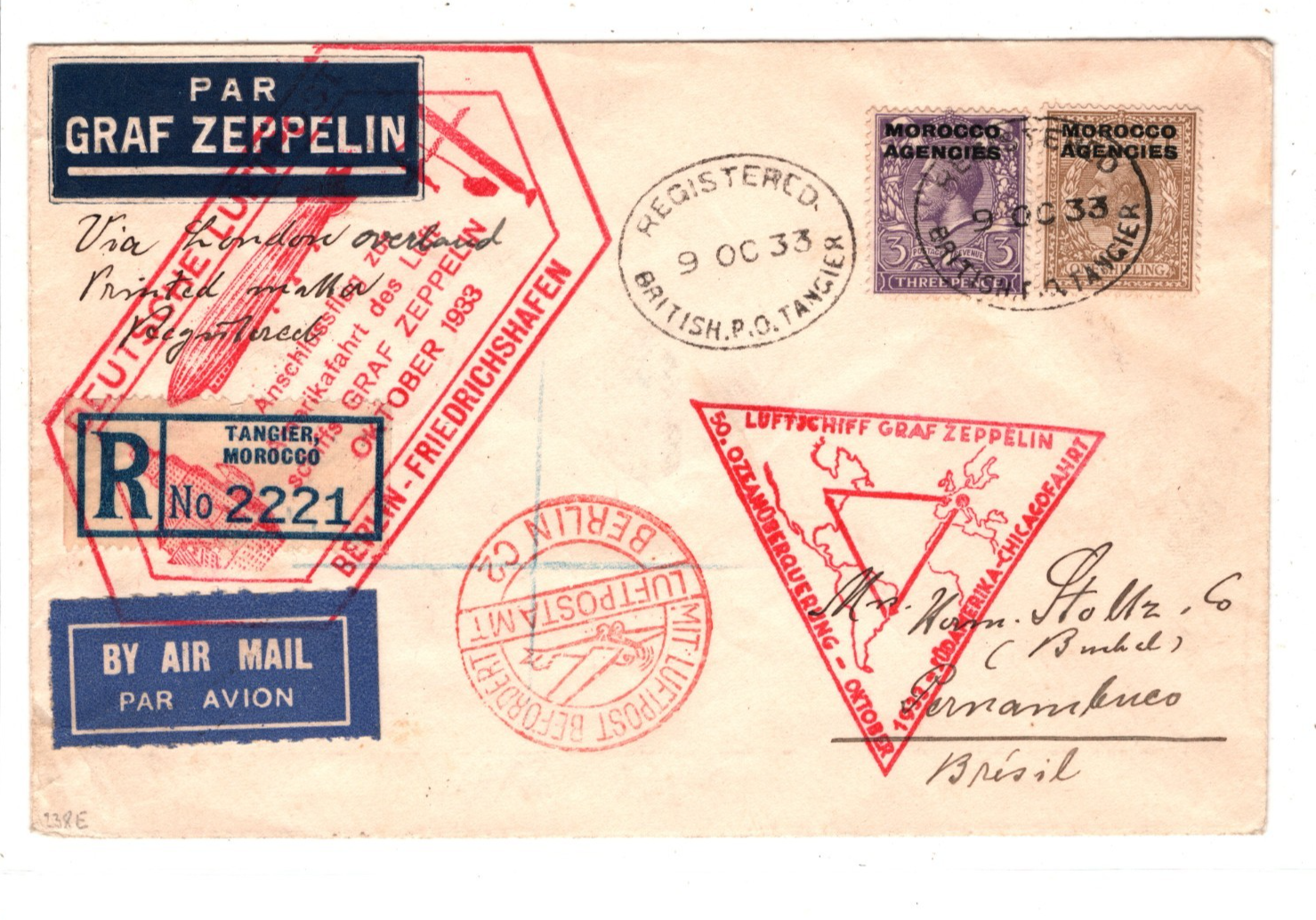 GRAF ZEPPELIN Cover *MOROCCO AGENCIES* Air CHICAGOFAHRT Berlin 1933 Brazil KZ282 - Image 2