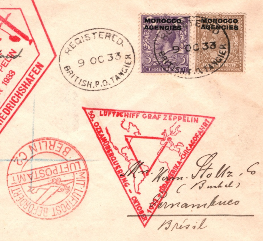 GRAF ZEPPELIN Cover *MOROCCO AGENCIES* Air CHICAGOFAHRT Berlin 1933 Brazil KZ282 - Image 4