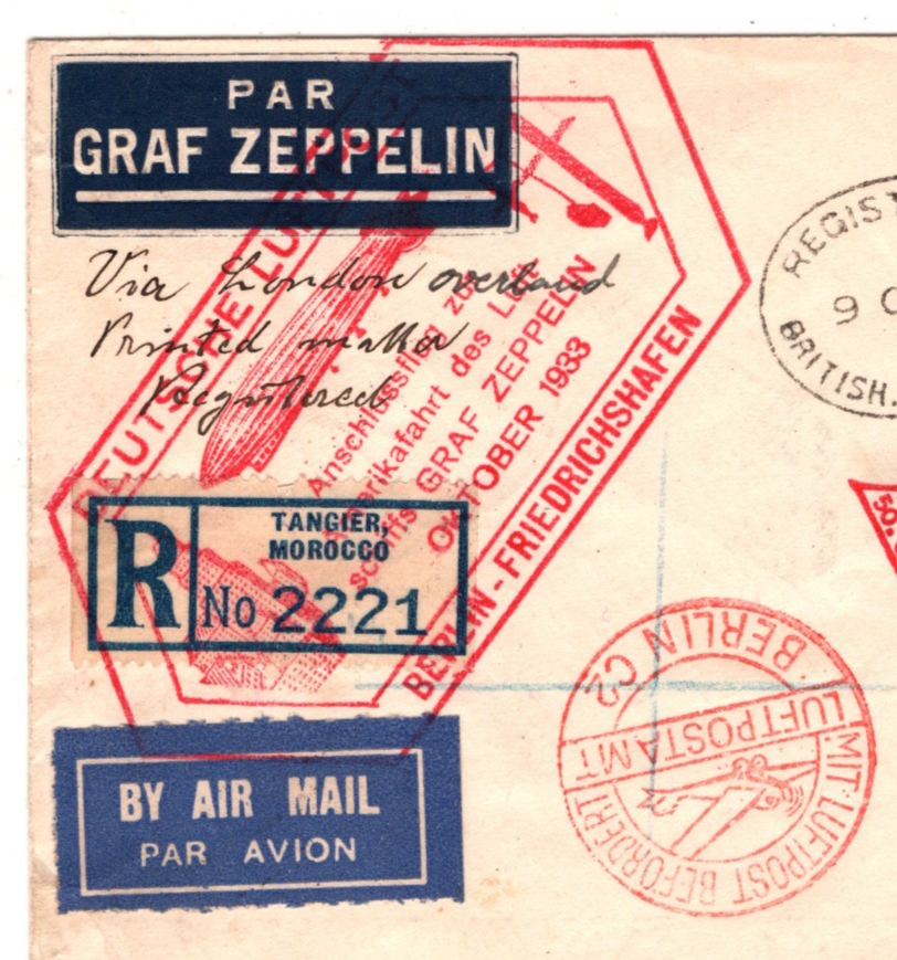 GRAF ZEPPELIN Cover *MOROCCO AGENCIES* Air CHICAGOFAHRT Berlin 1933 Brazil KZ282 - Image 6