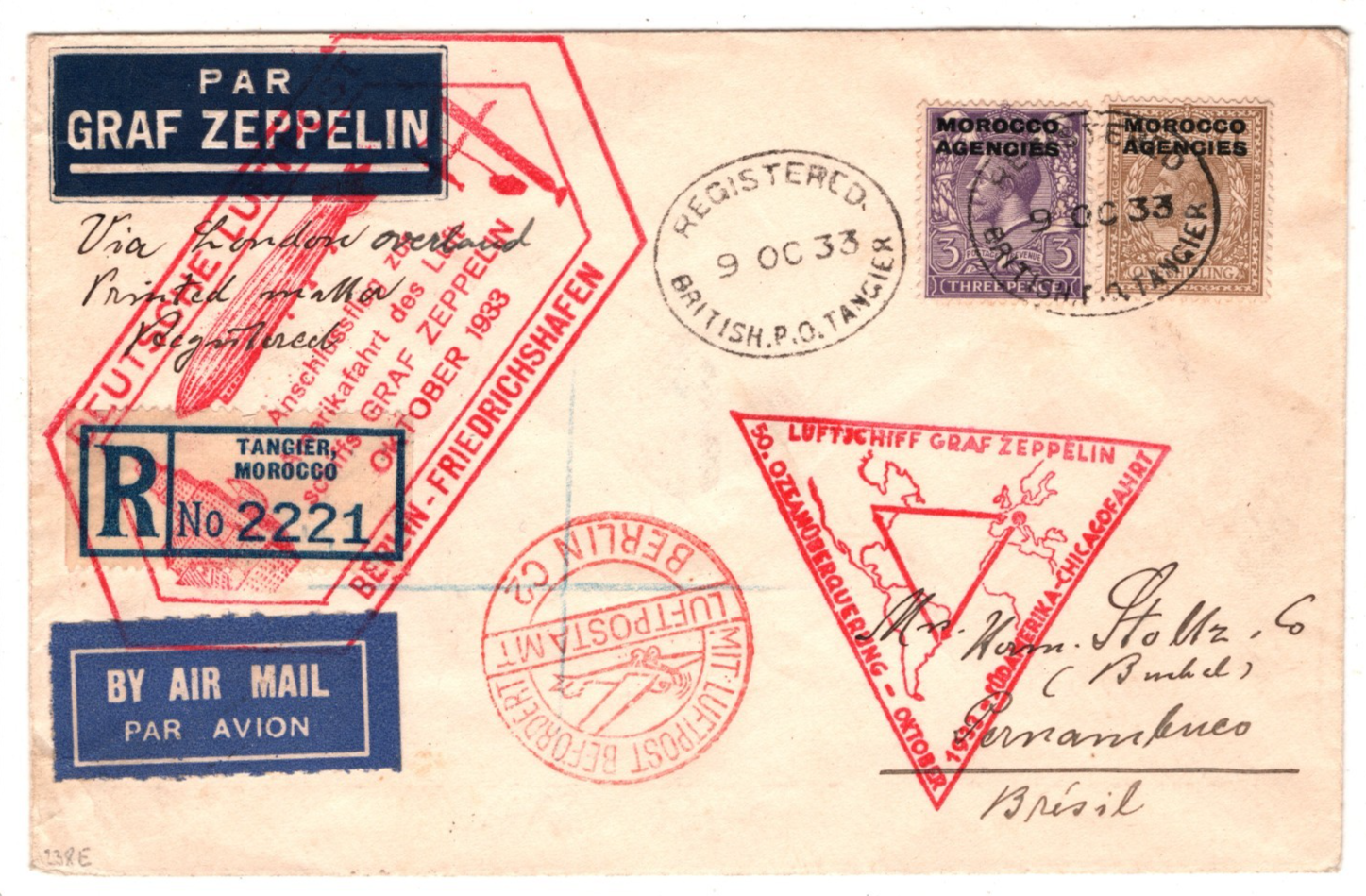 GRAF ZEPPELIN Cover *MOROCCO AGENCIES* Air CHICAGOFAHRT Berlin 1933 Brazil KZ282 - Image 7
