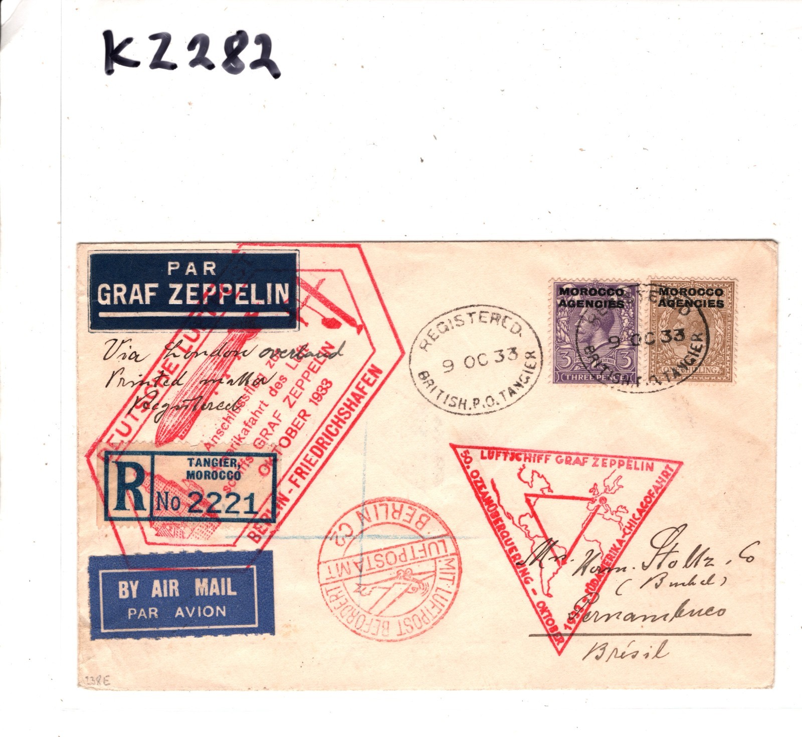 GRAF ZEPPELIN Cover *MOROCCO AGENCIES* Air CHICAGOFAHRT Berlin 1933 Brazil KZ282 - Image 8