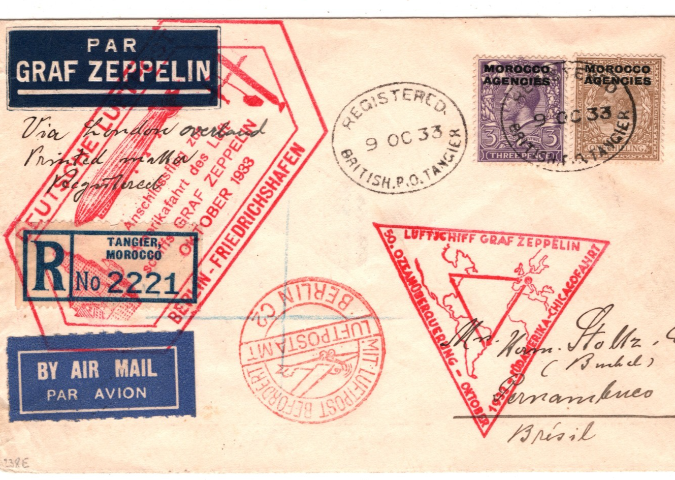 GRAF ZEPPELIN Cover *MOROCCO AGENCIES* Air CHICAGOFAHRT Berlin 1933 Brazil KZ282