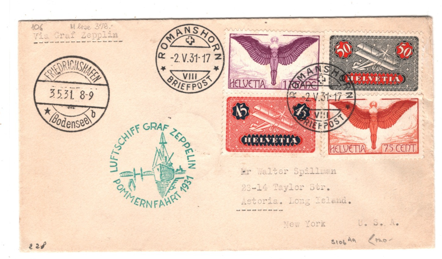 GRAF ZEPPELIN Cover *SWITZERLAND* Air Mail 1931 POMMERNFAHRT Cachet USA NY KZ183 - Image 3