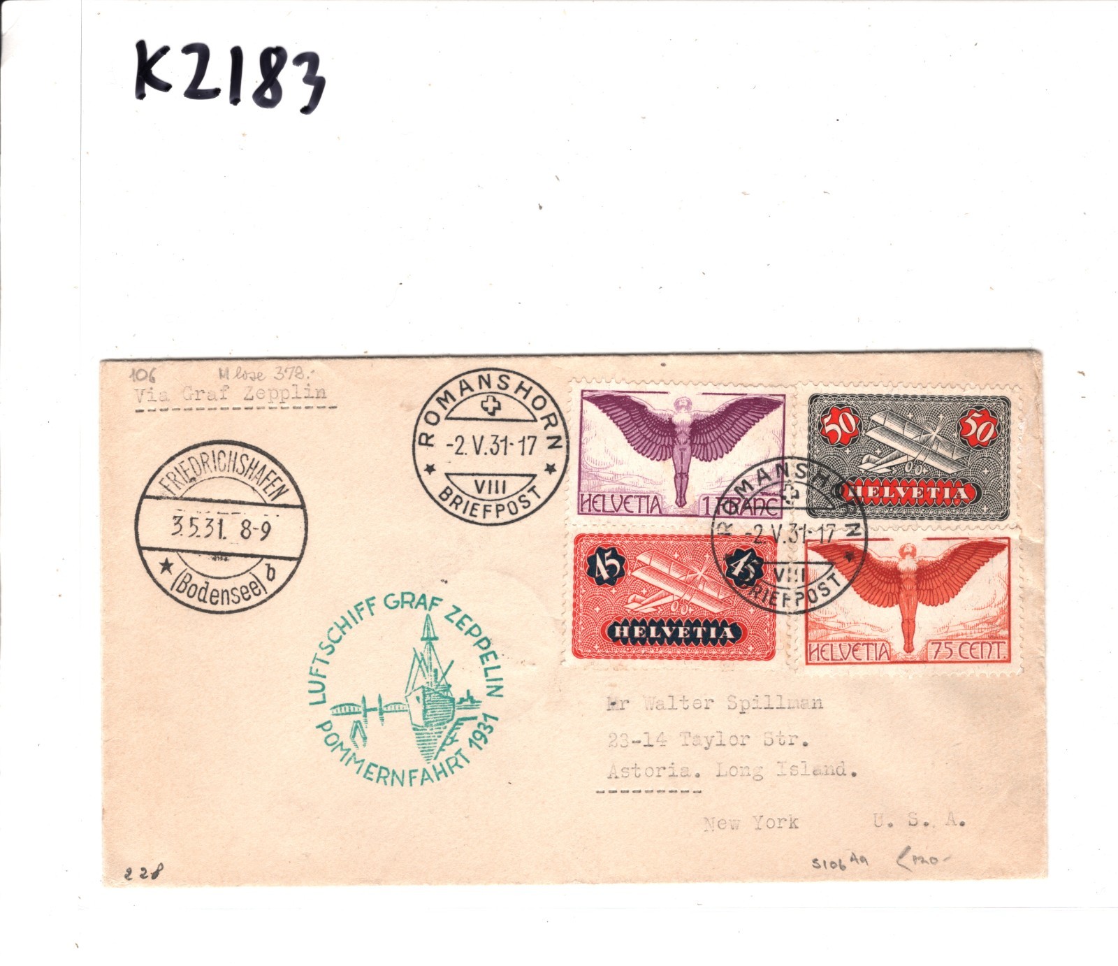 GRAF ZEPPELIN Cover *SWITZERLAND* Air Mail 1931 POMMERNFAHRT Cachet USA NY KZ183 - Image 5