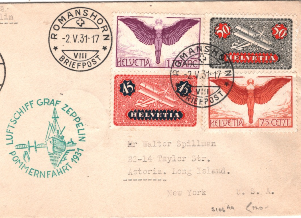 GRAF ZEPPELIN Cover *SWITZERLAND* Air Mail 1931 POMMERNFAHRT Cachet USA NY KZ183