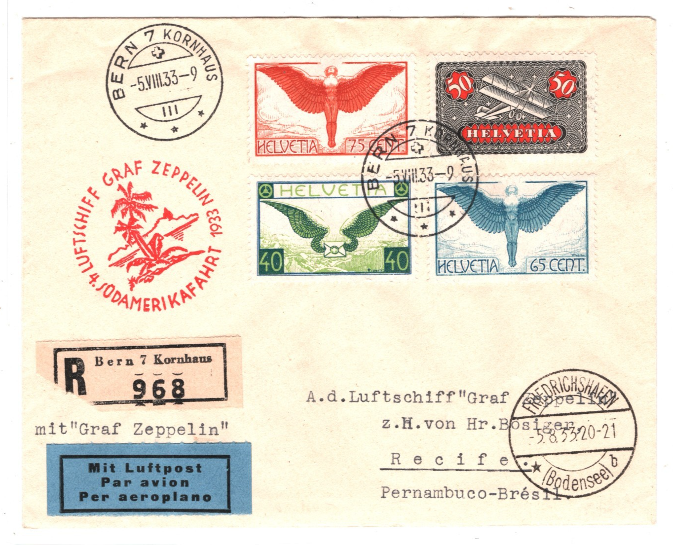 GRAF ZEPPELIN Cover *SWITZERLAND* Air Mail 1933 4.SÜDAMERIKAFAHRT Brazil KZ175 - Image 3