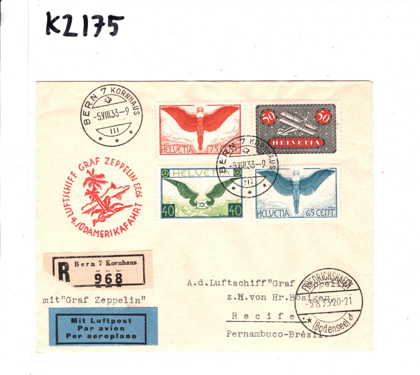 GRAF ZEPPELIN Cover *SWITZERLAND* Air Mail 1933 4.SÜDAMERIKAFAHRT Brazil KZ175 - Image 5