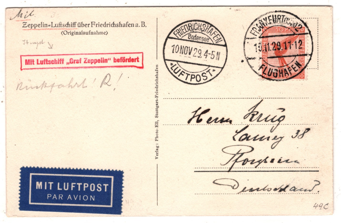 GRAF ZEPPELIN GERMANY Air Mail Card 1929 *MIT LUFTSCHIFF BEFÖRDERT* Cachet KZ528 - Image 5