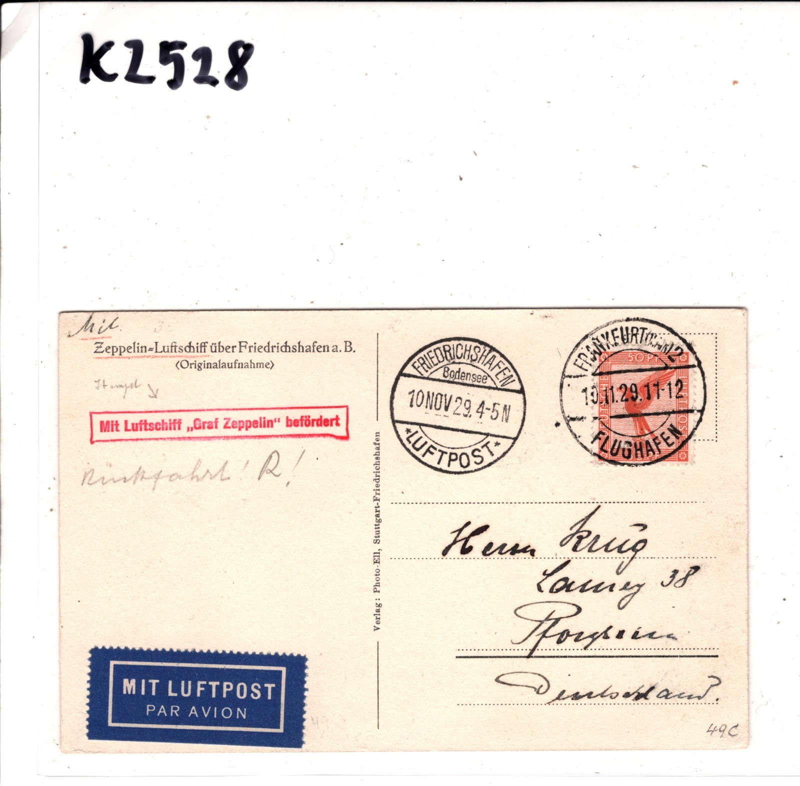GRAF ZEPPELIN GERMANY Air Mail Card 1929 *MIT LUFTSCHIFF BEFÖRDERT* Cachet KZ528 - Image 9