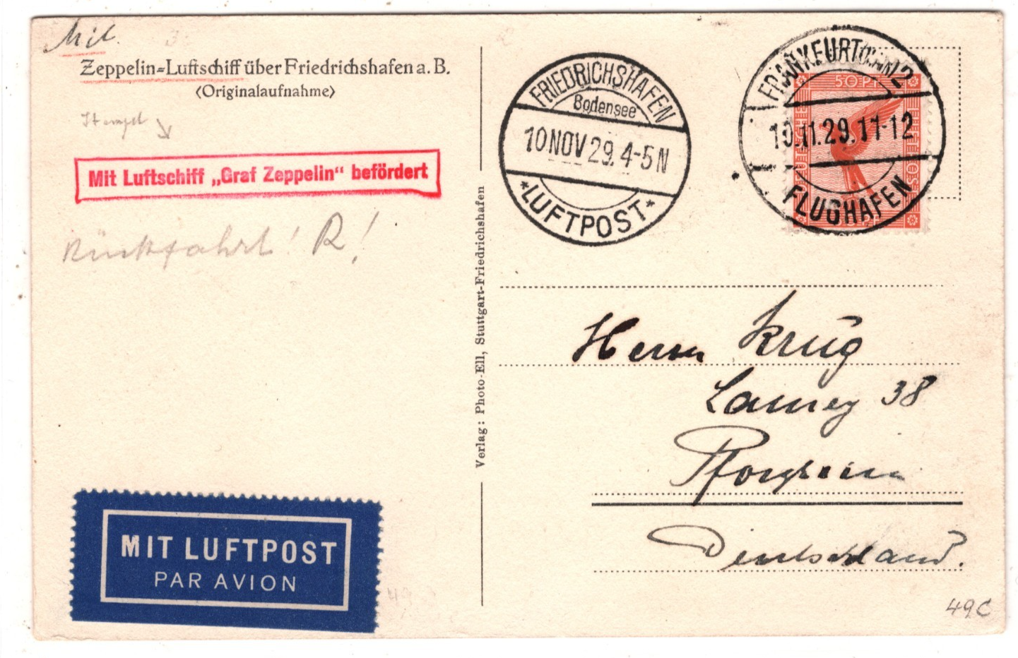 GRAF ZEPPELIN GERMANY Air Mail Card 1929 *MIT LUFTSCHIFF BEFÖRDERT* Cachet KZ528