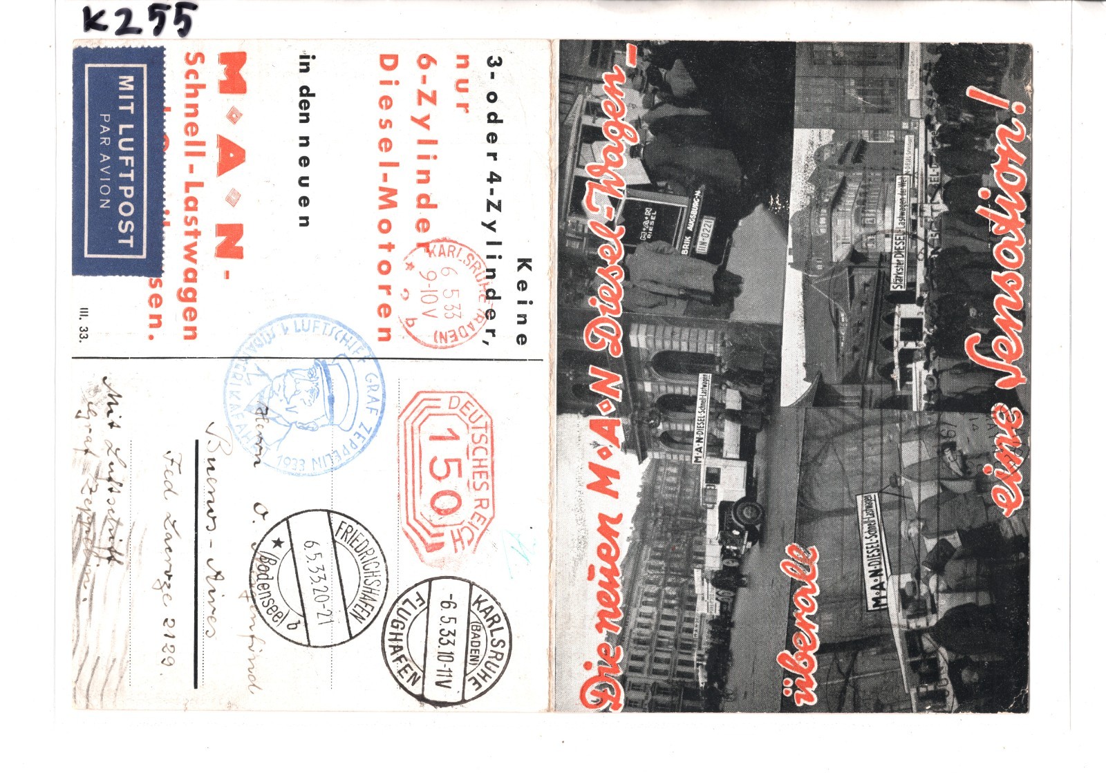 GRAF ZEPPELIN Germany Advert Card MAN LORRY 1933 SÜDAMERIKAFAHRT Argentina KZ55 - Image 4