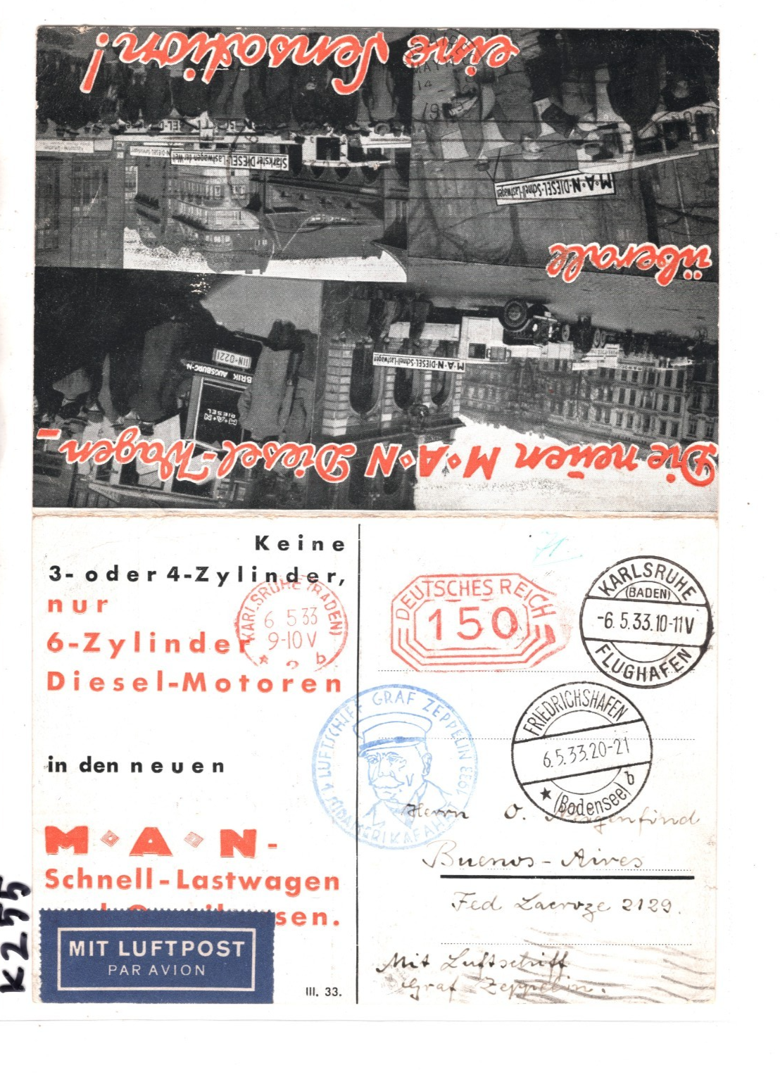 GRAF ZEPPELIN Germany Advert Card MAN LORRY 1933 SÜDAMERIKAFAHRT Argentina KZ55