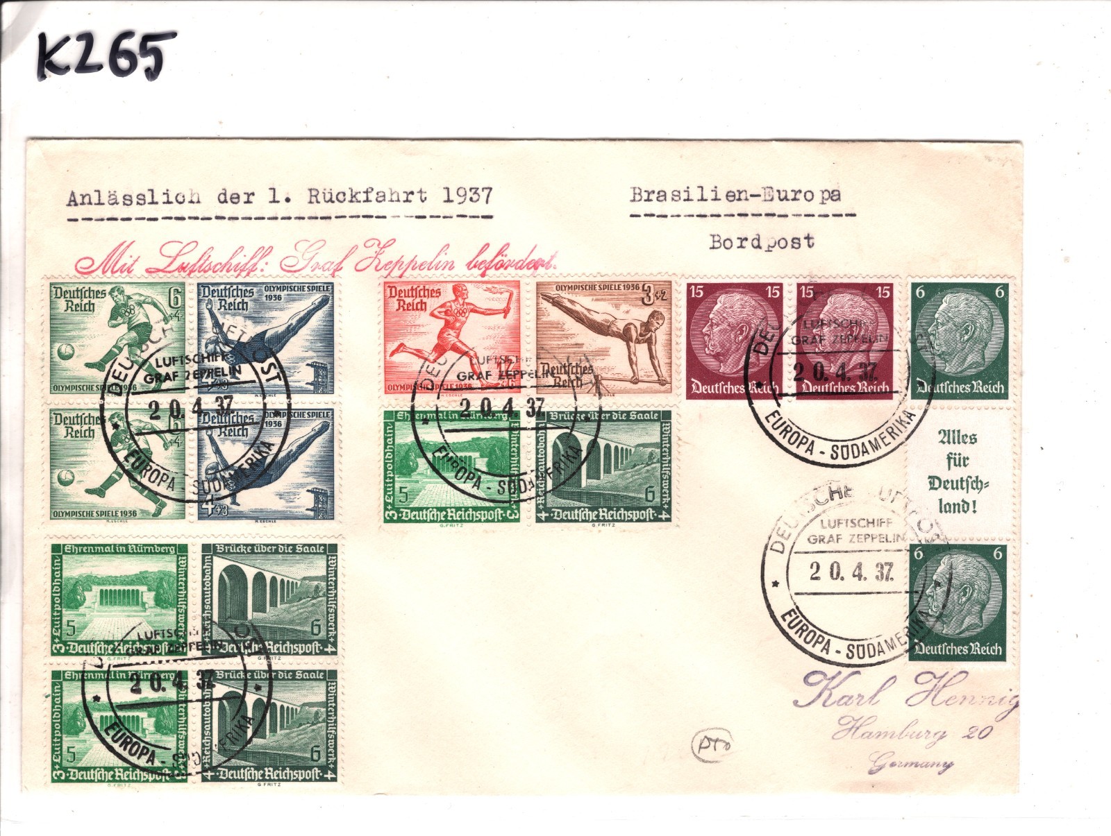 GRAF ZEPPELIN Germany Air Mail 1936 RÜCKFAHRT BRAZIL BORDPOST Hamburg KZ65 - Image 4