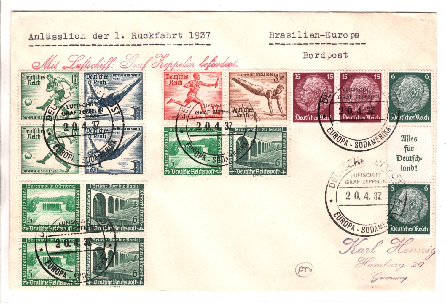 GRAF ZEPPELIN Germany Air Mail 1936 RÜCKFAHRT BRAZIL BORDPOST Hamburg KZ65