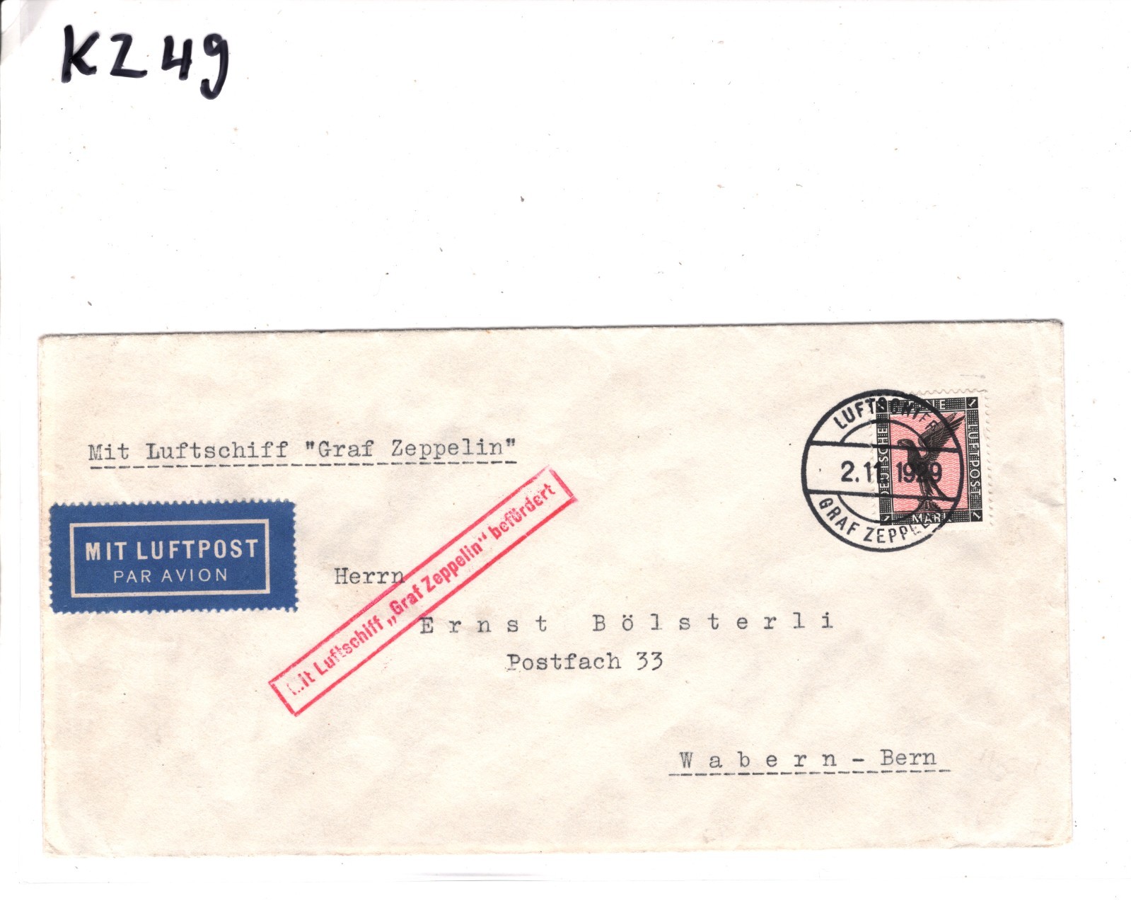 GRAF ZEPPELIN Germany Air Mail Cover 1929 SWITZERLAND Wabern Bern KZ49 - Image 4