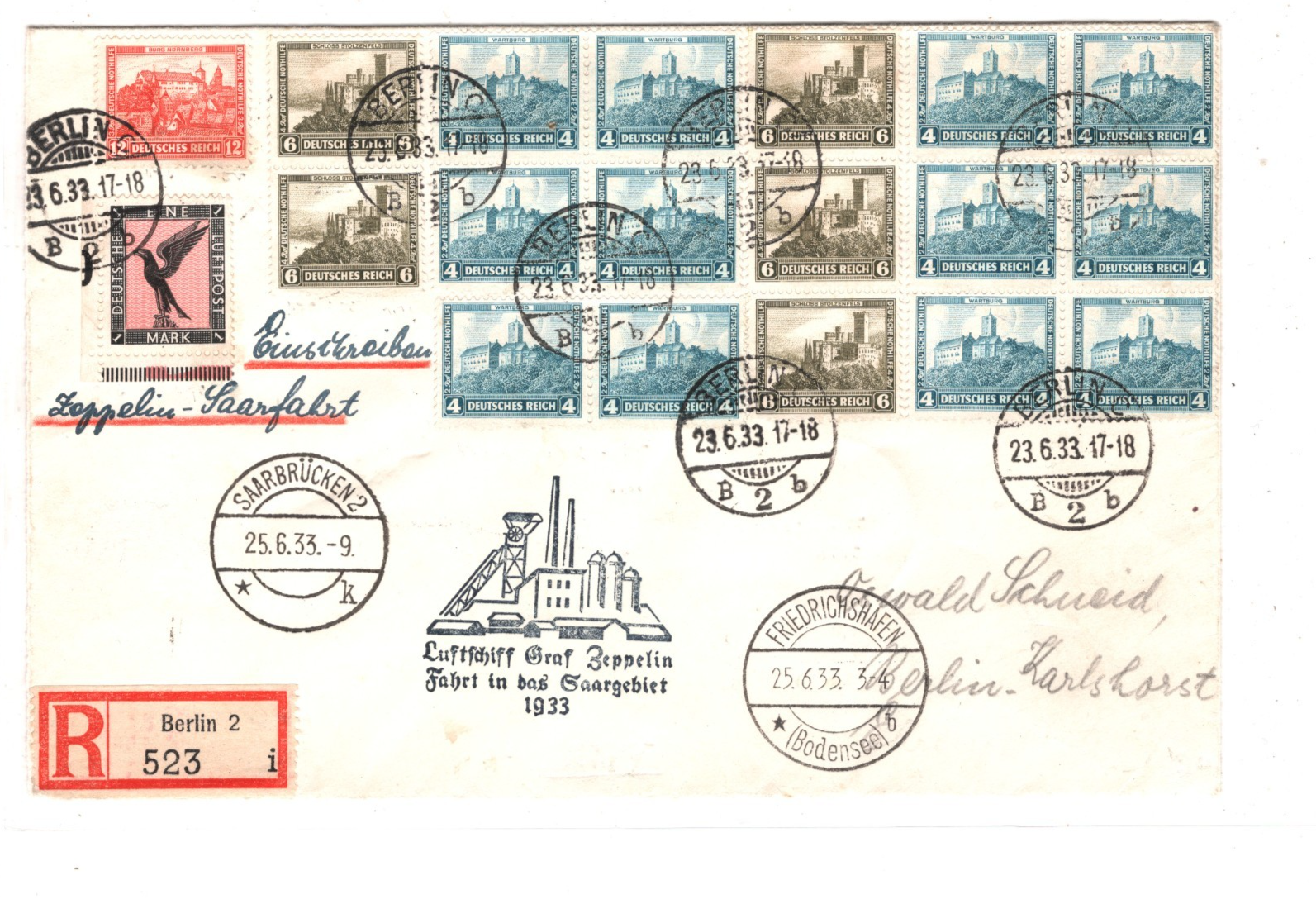 GRAF ZEPPELIN Germany Air Mail Cover 1933 SAARGEBIET FAHRT Berlin Reg KZ60 - Image 3