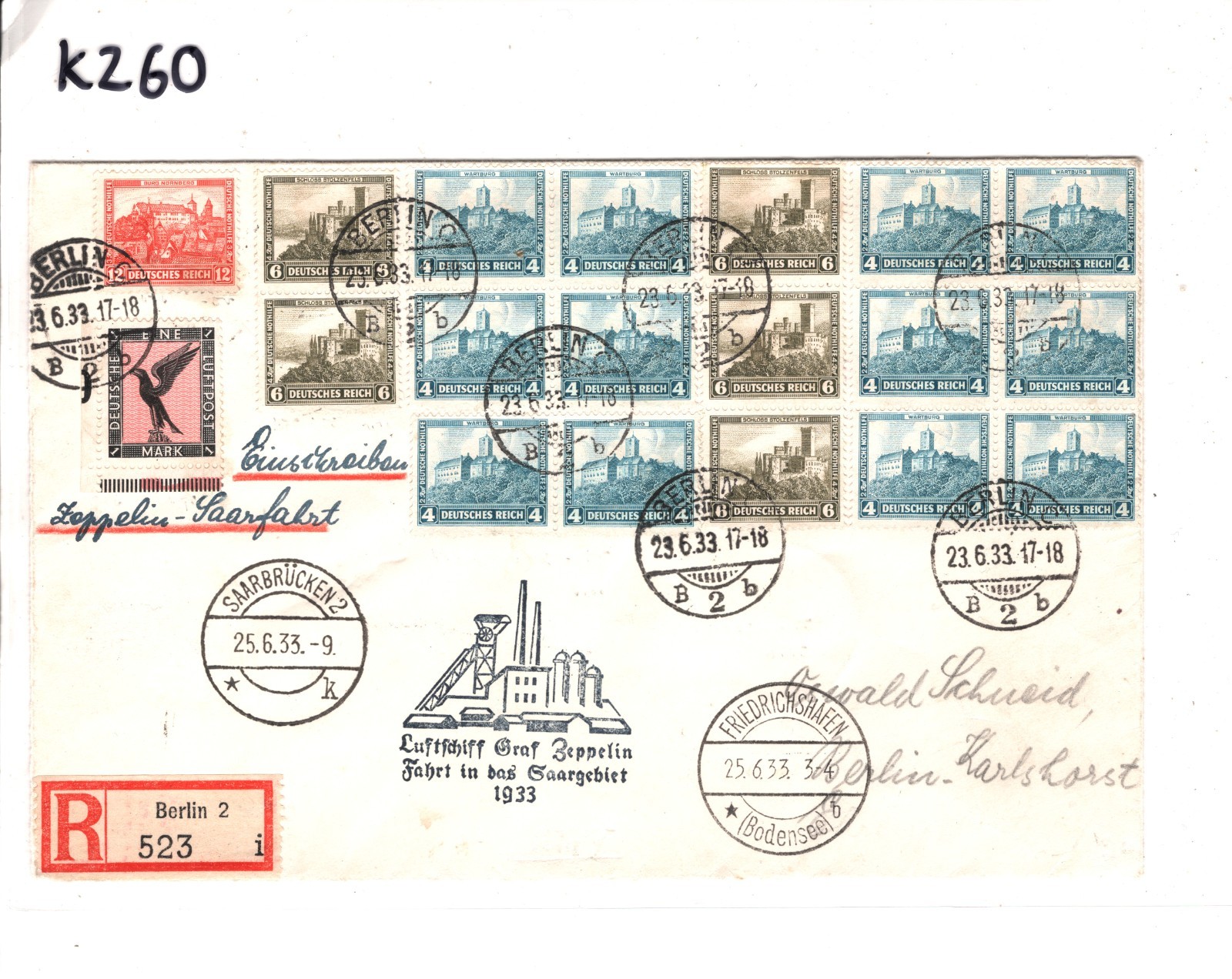 GRAF ZEPPELIN Germany Air Mail Cover 1933 SAARGEBIET FAHRT Berlin Reg KZ60 - Image 7