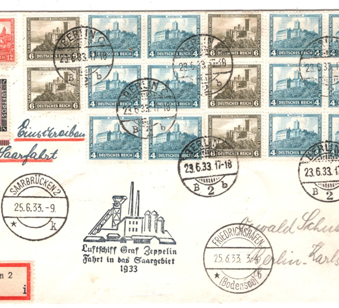 GRAF ZEPPELIN Germany Air Mail Cover 1933 SAARGEBIET FAHRT Berlin Reg KZ60