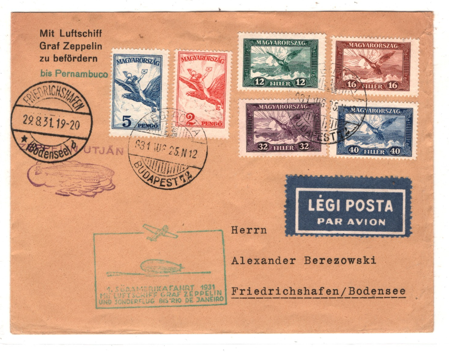 GRAF ZEPPELIN *HUNGARY* Air 5p 2p High Values Cover 1931 4.SÜDAMERIKAFAHRT KZ572 - Image 3