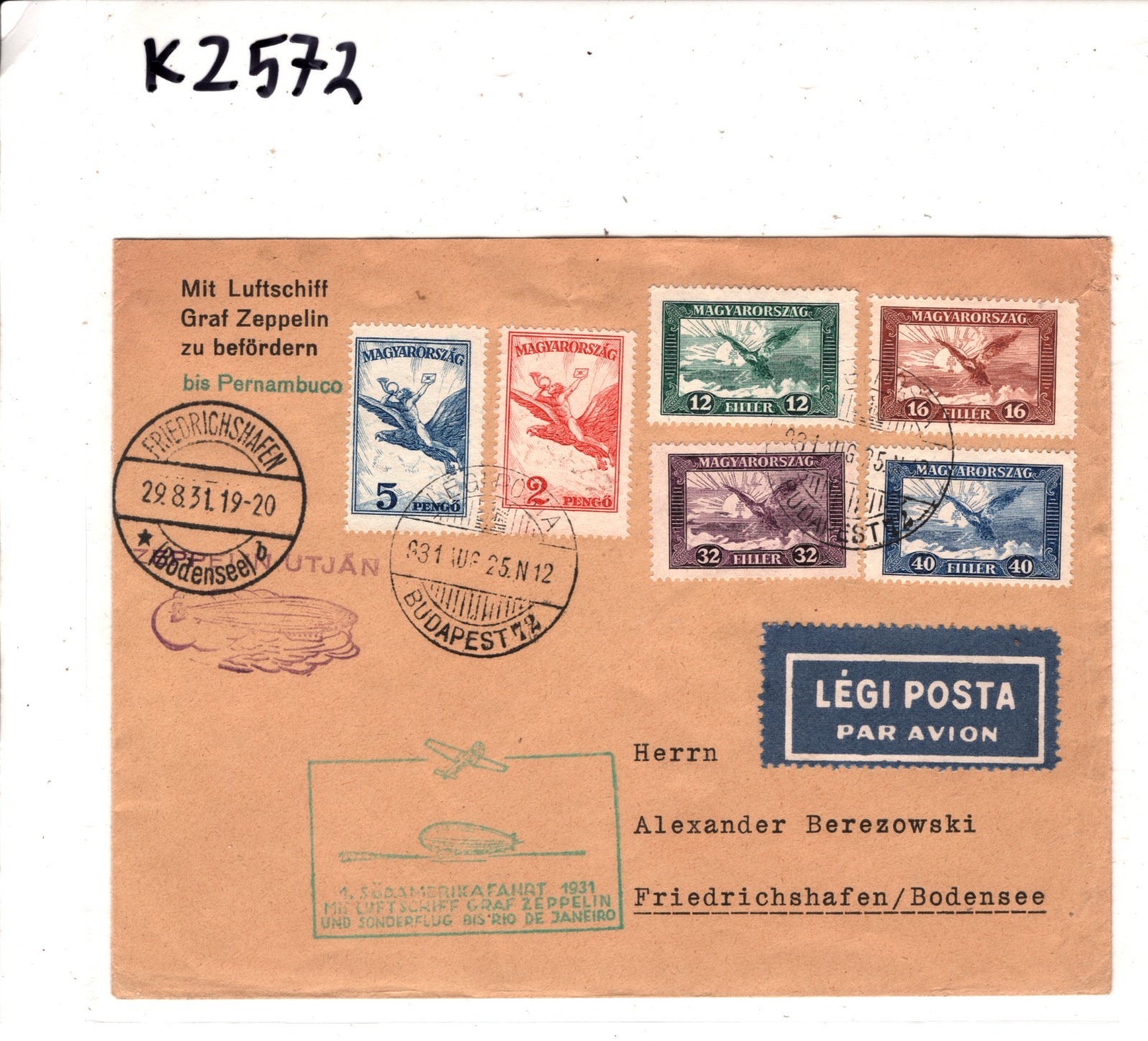 GRAF ZEPPELIN *HUNGARY* Air 5p 2p High Values Cover 1931 4.SÜDAMERIKAFAHRT KZ572 - Image 6
