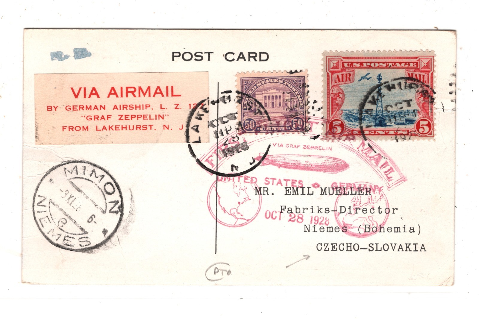 GRAF ZEPPELIN *ILLUSTRATED* Card Air 1928 CZECHOSLOVAKIA Mail Lakehurst KZ180 - Image 2