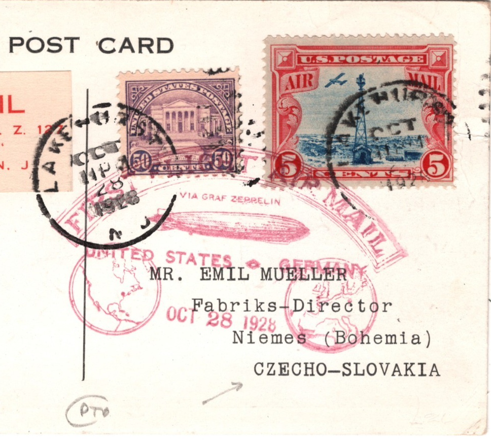 GRAF ZEPPELIN *ILLUSTRATED* Card Air 1928 CZECHOSLOVAKIA Mail Lakehurst KZ180 - Image 3