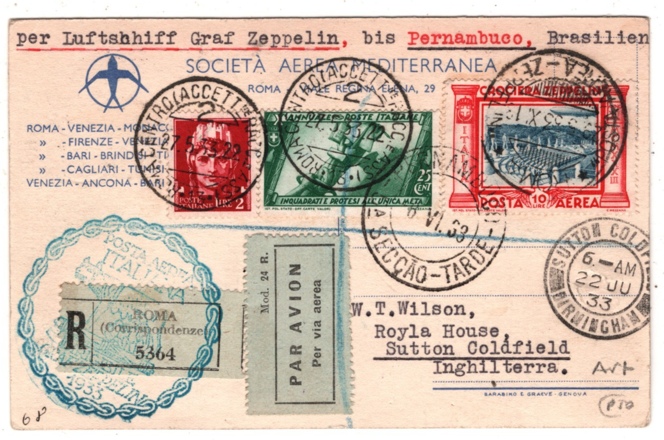 GRAF ZEPPELIN ITALY Air Mail 10L Art FLIGHT Card 1933 Brazil #C45 Cat $950 KZ267 - Image 11