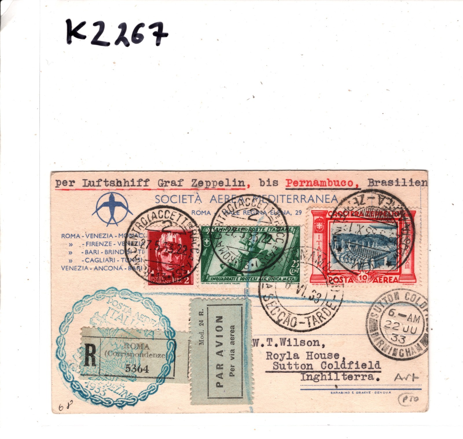 GRAF ZEPPELIN ITALY Air Mail 10L Art FLIGHT Card 1933 Brazil #C45 Cat $950 KZ267 - Image 13