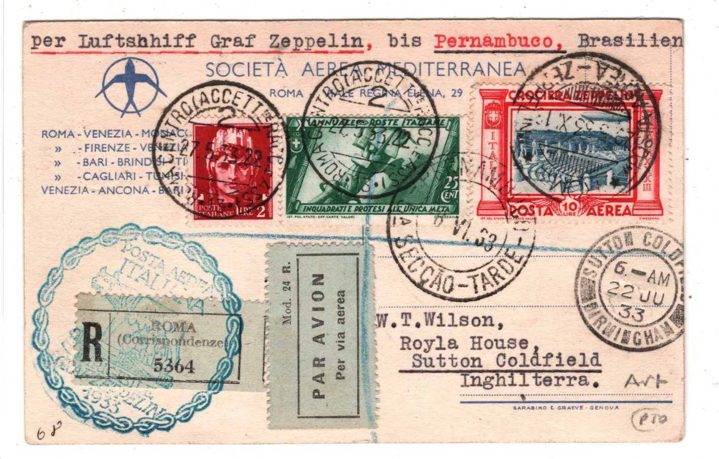 GRAF ZEPPELIN ITALY Air Mail 10L Art FLIGHT Card 1933 Brazil #C45 Cat $950 KZ267 - Image 4