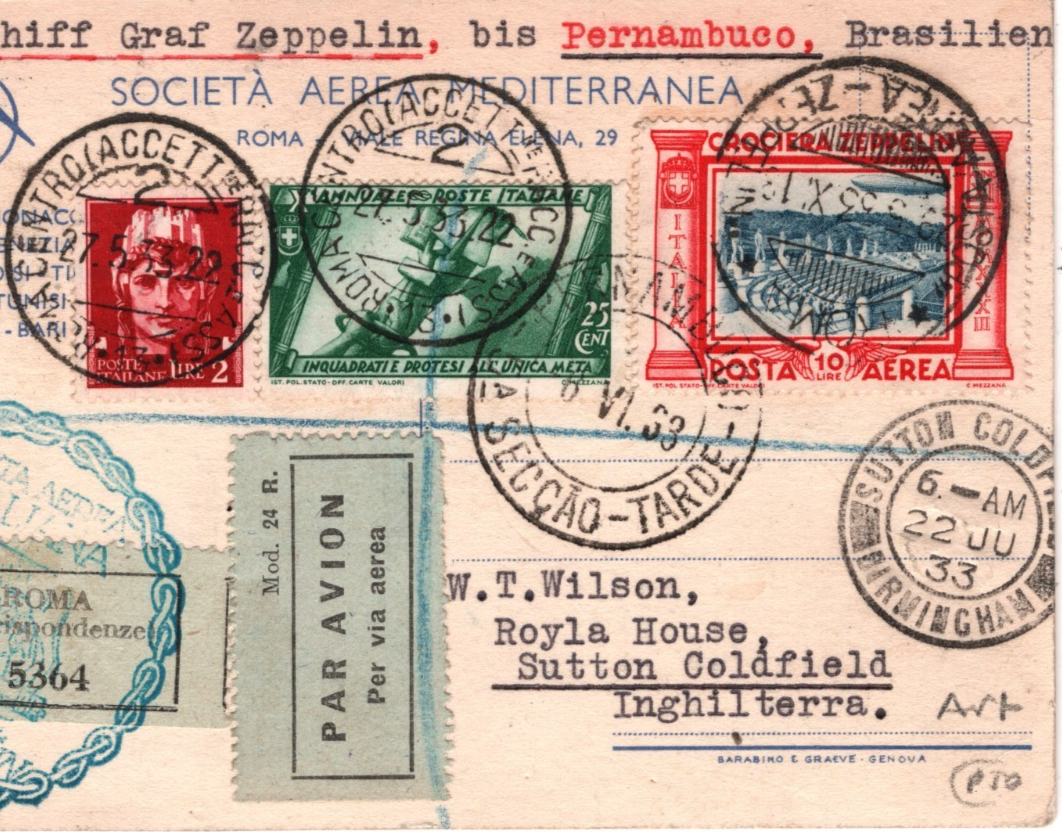 GRAF ZEPPELIN ITALY Air Mail 10L Art FLIGHT Card 1933 Brazil #C45 Cat $950 KZ267 - Image 6