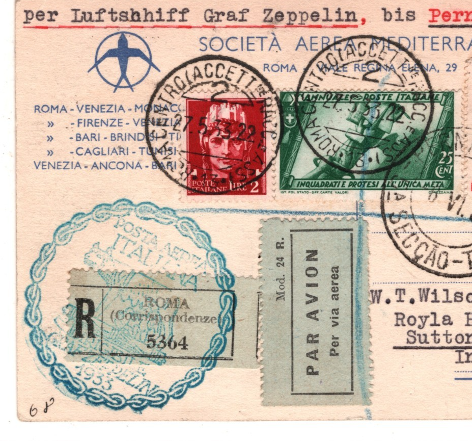 GRAF ZEPPELIN ITALY Air Mail 10L Art FLIGHT Card 1933 Brazil #C45 Cat $950 KZ267 - Image 8