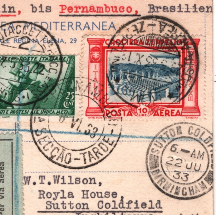 GRAF ZEPPELIN ITALY Air Mail 10L Art FLIGHT Card 1933 Brazil #C45 Cat $950 KZ267