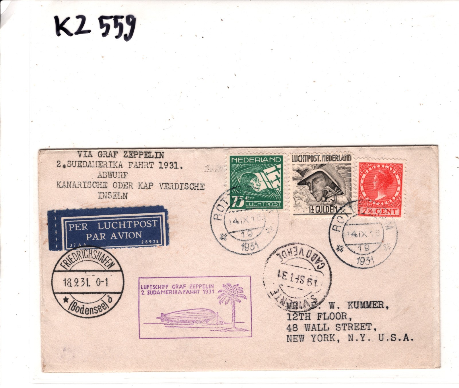 GRAF ZEPPELIN *NETHERLANDS* 1½g Cover 1931 2. SÜDAMERIKAFAHRT CABO VERDE KZ559 - Image 7
