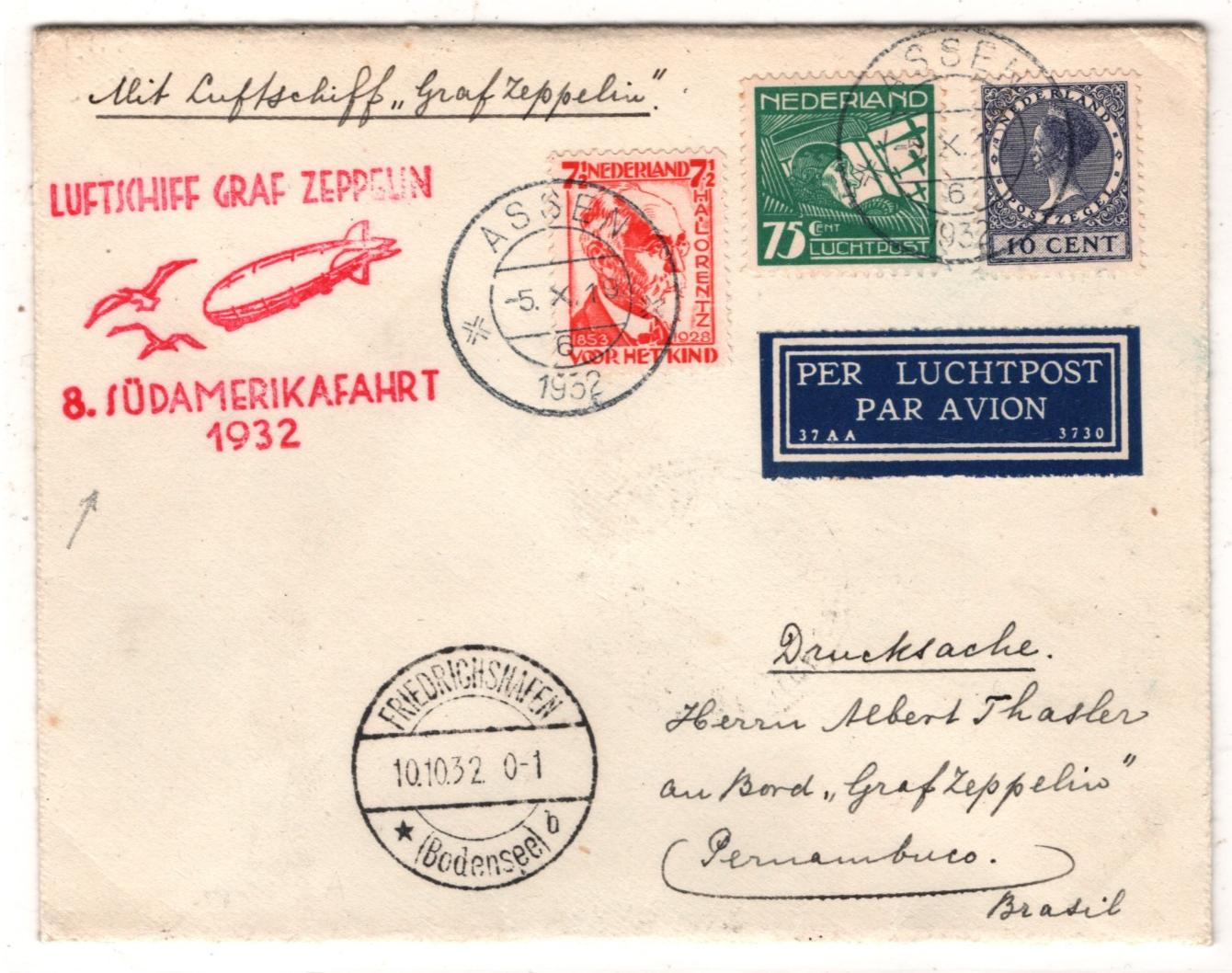 GRAF ZEPPELIN *NETHERLANDS* Air Cover 1932 8.SÜDAMERIKAFAHRT BRAZIL Assen KZ560 - Image 5